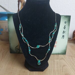 Turquoise Beaded Necklace Liquid Sterling Silver 12 " Long Unusual